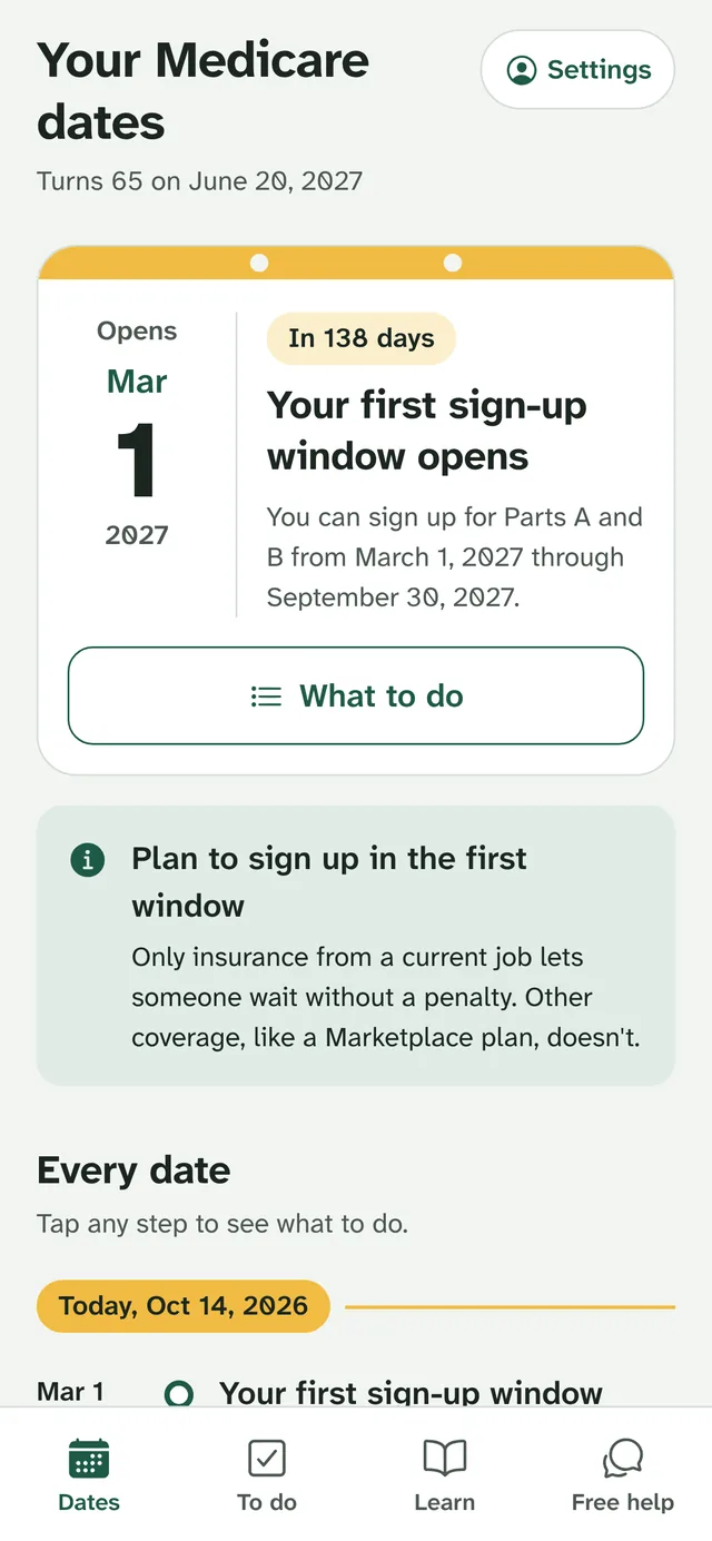 The Dates screen in Ready at 65.