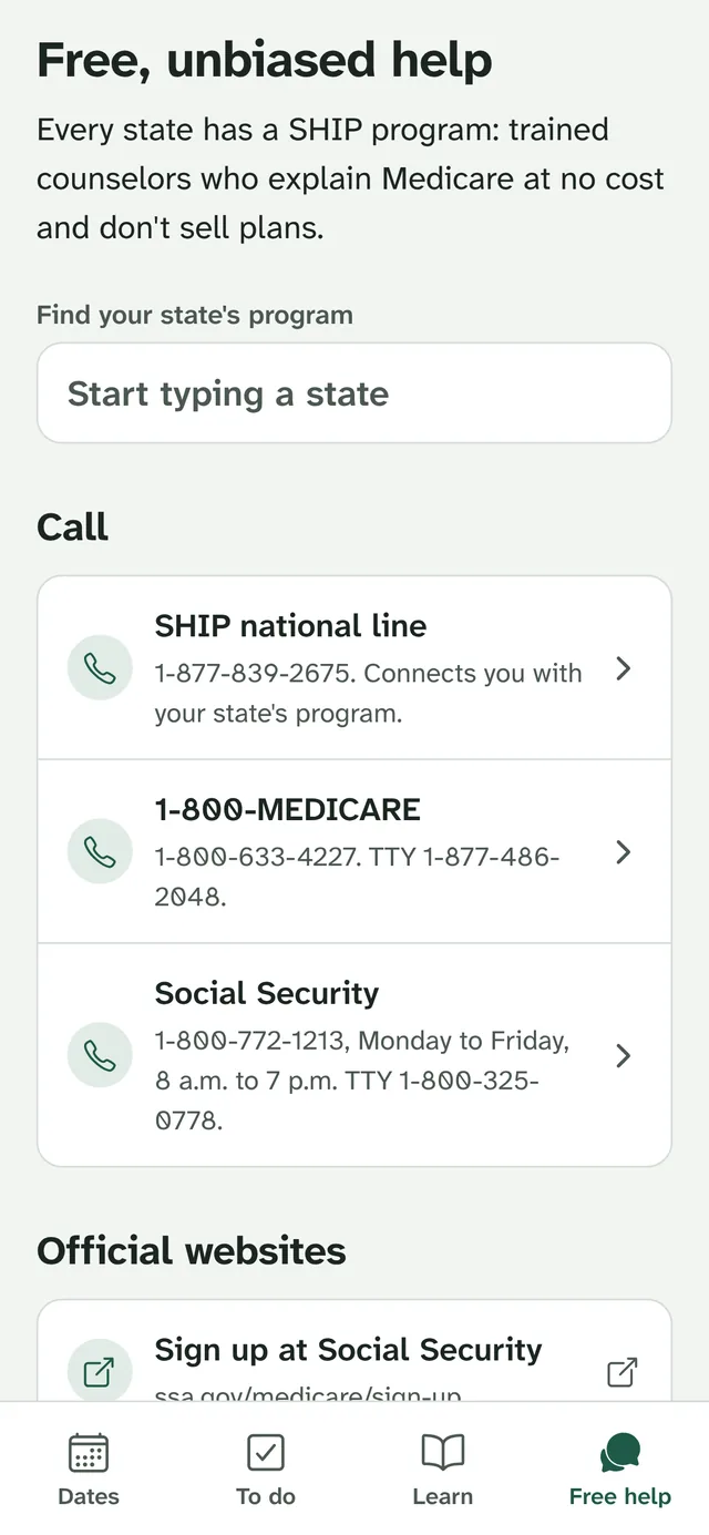 The Free help screen, with a state search for SHIP counselors and phone numbers for Medicare and Social Security.