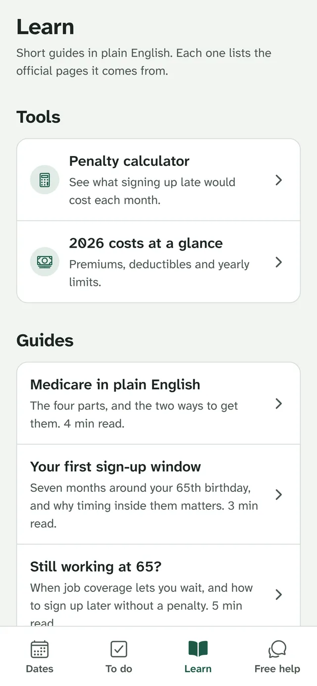 The Learn screen, with a penalty calculator, this year’s costs and short guides.